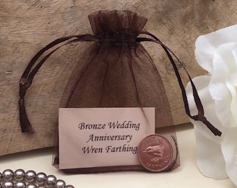 Bronze Wedding Anniversary Old Wren Farthing in Organza Gift Bag - for 8th Anniversary Card - George VI Bronze Coin - 8 Years Keepsake