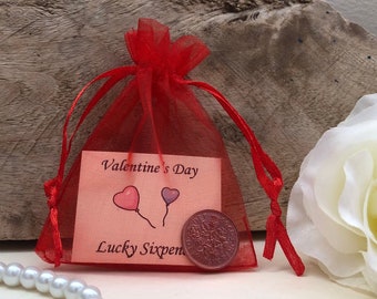 Valentine’s Day Lucky Silver Sixpence in Organza Gift Bag - for Valentine’s Card - Wife - Girlfriend - Husband - Boyfriend - Friend