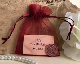 70th Birthday 1956 Lucky Sixpence in Organza Gift Bag - for 70th Birthday Card - Birth Year Gift (Male or Female) - Nostalgic  Coin Gift