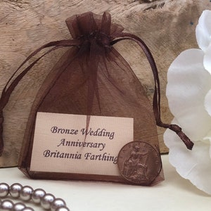 Bronze Wedding Anniversary Old Britannia Farthing in Organza Gift Bag - for 8th Anniversary Card - 8 Years - George V Coin 100+ Years Old