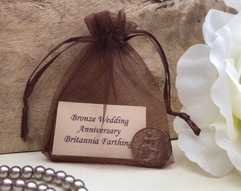 Bronze Wedding Anniversary Old Britannia Farthing in Organza Gift Bag - for 8th Anniversary Card - 8 Years - George V Coin 100+ Years Old