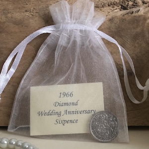 1966 Sixpence Diamond Wedding Anniversary Gift - in Organza Gift Bag - for 60th Card - Traditional Keepsake Gift - 60 Years - Nostalgic Coin image 2