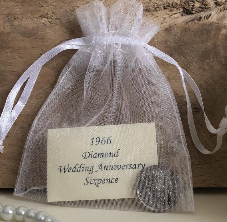 1966 Sixpence Diamond Wedding Anniversary Gift - in Organza Gift Bag - for 60th Card - Traditional Keepsake Gift - 60 Years - Nostalgic Coin image 2