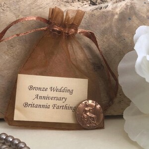 Bronze Wedding Anniversary Britannia Farthing in Organza Bag - Traditional Gift for 8th 19th Anniversary Card - George V Coin 100+ Years Old