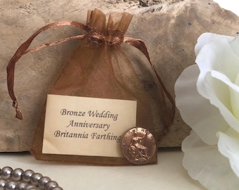 Bronze Wedding Anniversary Britannia Farthing in Organza Bag - Traditional Gift for 8th 19th Anniversary Card - George V Coin 100+ Years Old