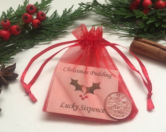 Christmas Pudding Lucky Silver Sixpence in Organza Gift Bag - Traditional Lucky Charm for Christmas Baking - Table Favour - Lucky Coin