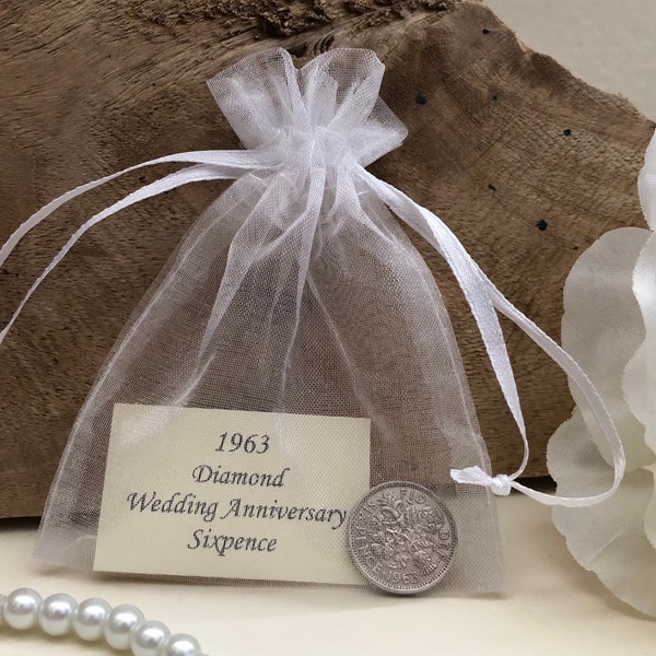 1963 Sixpence Diamond Wedding Anniversary Gift - in White Organza Gift Bag - for 60th Anniversary Card - Queen Elizabeth II Coin - 60 Years
