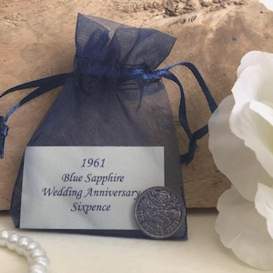 1961 Sixpence 65th Blue Sapphire Wedding Anniversary Gift - for 65th Wedding Anniversary Card - 65 Years Traditional Keepsake Nostalgic Coin