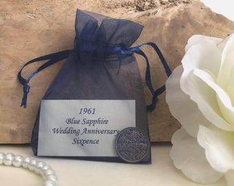 1961 Sixpence 65th Blue Sapphire Wedding Anniversary Gift - for 65th Wedding Anniversary Card - 65 Years Traditional Keepsake Nostalgic Coin