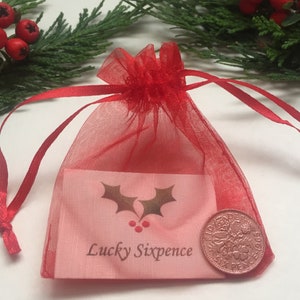 Cadeau porte-bonheur en argent de six pence pour des craquelins de Noël faits à la main - Père Noël secret - cadeau de table - porte-bonheur - carte de loterie à gratter porte-bonheur