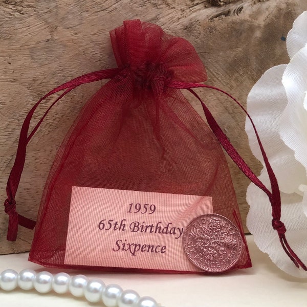 65th Birthday 1959 Sixpence - in Organza Gift Bag - for 65th Birthday Card - Birth Year Gift (for Male or Female) Queen Elizabeth II Coin
