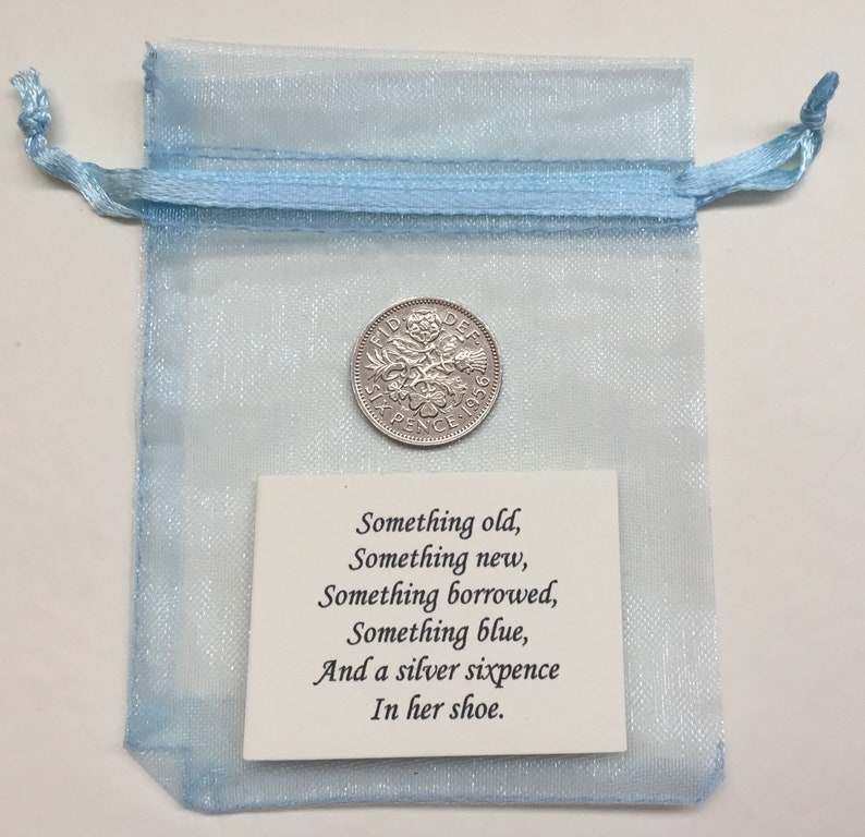 Brides Lucky Silver Sixpence Gift Something Old, Something Blue Wedding Shoe Charm in Light Blue Organza Bag Traditional Coin Gift immagine 7