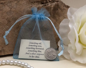 Bride’s Lucky Silver Sixpence Gift - Something Old, Something Blue - Wedding Shoe Charm in Light Blue Organza Bag - Traditional Coin Gift