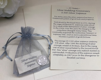 Silver Wedding Anniversary Real Silver Lucky Sixpence Keepsake Gift - 25th Anniversary - Traditional 25 Years - 0.500 Silver George VI Coin