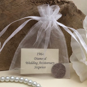 1964 Sixpence Diamond Wedding Anniversary Gift - in Organza Gift Bag - for 60th Anniversary Card - Traditional Coin Keepsake Gift - 60 Years