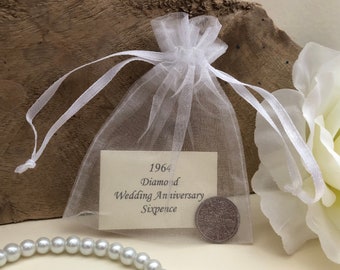 1964 Sixpence Diamond Wedding Anniversary Gift - in Organza Gift Bag - for 60th Anniversary Card - Traditional Coin Keepsake Gift - 60 Years