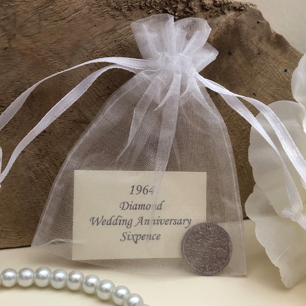 1964 Sixpence Diamond Wedding Anniversary Gift - in Organza Gift Bag - for 60th Anniversary Card - Traditional Coin Keepsake Gift - 60 Years