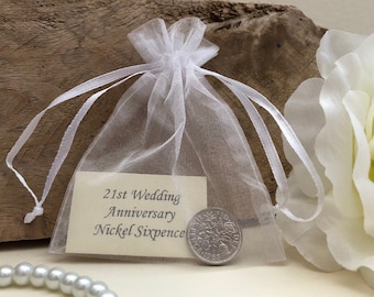 Nickel Wedding Anniversary Lucky Sixpence - for 21st Wedding Anniversary Card - in Organza Gift Bag - 21 Years - Traditional Keepsake