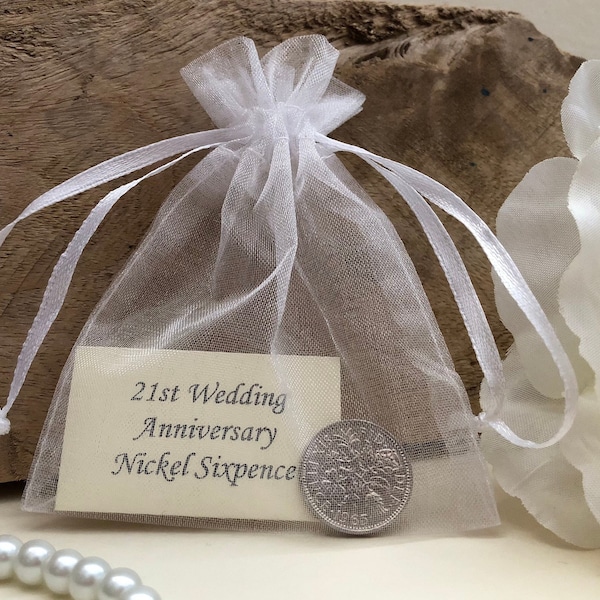 Nickel Wedding Anniversary Lucky Sixpence - for 21st Wedding Anniversary Card - in Organza Gift Bag - Lucky Charm - Traditional Keepsake