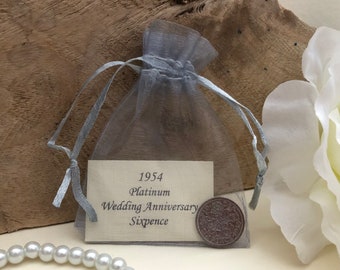 1954 Sixpence Platinum Wedding Anniversary Gift in Organza Bag - for 70th Wedding Anniversary Card - Traditional Coin Keepsake Gift 70 Years
