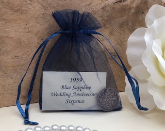 1959 Sixpence 65th Blue Sapphire Wedding Anniversary Gift - for 65th Wedding Anniversary Card - 65 Years - Traditional Coin Keepsake Gift