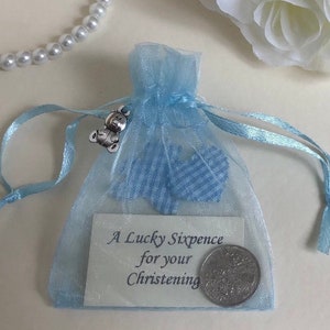Cadeau de baptême en argent de six pence dans un sac en organza bleu - bébé garçon - baptême - baptême - porte-bonheur traditionnel pour carte de baptême