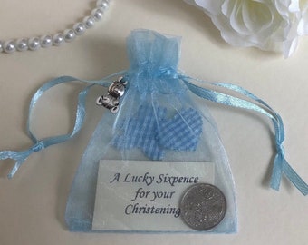 Christening Lucky Silver Sixpence Gift - in Blue Organza Bag - Baby Boy or Girl  - Baptism - Naming Day - Lucky Charm for Christening Card