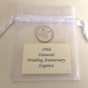 1966 Sixpence Diamond Wedding Anniversary Gift - in Organza Gift Bag - for 60th Card - Traditional Keepsake Gift - 60 Years - Nostalgic Coin image 6