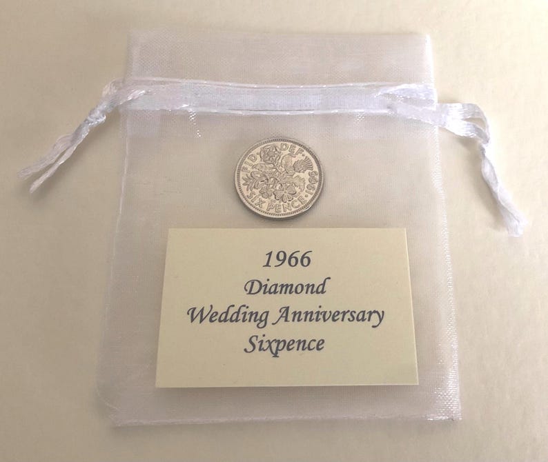 1966 Sixpence Diamond Wedding Anniversary Gift - in Organza Gift Bag - for 60th Card - Traditional Keepsake Gift - 60 Years - Nostalgic Coin image 6
