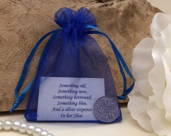 Bride’s Lucky Silver Sixpence Gift - Something Old, Something Blue - Wedding Shoe Charm - in Royal Blue Organza Bag - Traditional Coun Gift