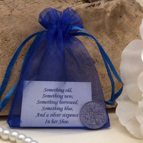 Bride’s Lucky Silver Sixpence Gift - Something Old, Something Blue - Wedding Shoe Charm - in Royal Blue Organza Bag - Traditional Coun Gift