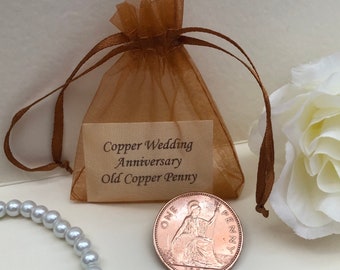 Copper Wedding Anniversary Britannia Copper Penny in Organza Gift Bag - for 7th Anniversary Card - 7 Years - Traditional Keepsake Coin Gift
