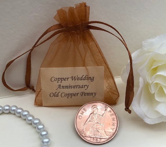 Copper Wedding Anniversary Britannia Copper Penny in Organza Gift Bag - for 7th Anniversary Card - 7 Years - Traditional Keepsake Coin Gift