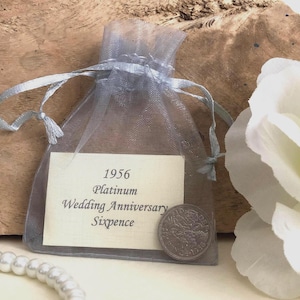 1956 Sixpence Platinum Wedding Anniversary Gift in Organza Bag - Traditional Gift - 70 Years Keepsake - Nostalgic Coin - for 70th Card