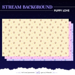 May include: A digital background with a repeating pattern of paw prints in brown, yellow, and pink. The background is layered with three different colors: light yellow, light pink, and light purple. The text "STREAM BACKGROUND" is at the top of the image, and the text "PUPPY LOVE" is below the background pattern. The text "static" is in the upper right corner of the image.