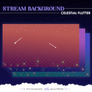 May include: A digital background with a gradient of red, purple, and blue. The background is filled with small white stars and two white shooting stars. The text "STREAM BACKGROUND" and "CELESTIAL FLUTTER" is at the top of the image. The text "static" is at the top right of the image.