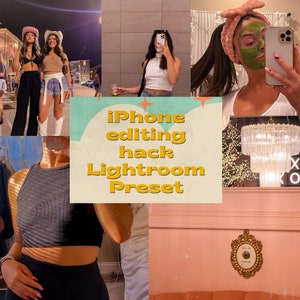 Peut inclure: Un collage d'images présentant divers sujets, notamment des personnes, la mode et la décoration intérieure. Le texte "iPhone editing hack Lightroom Preset" est affiché dans une police de caractères de style rétro.