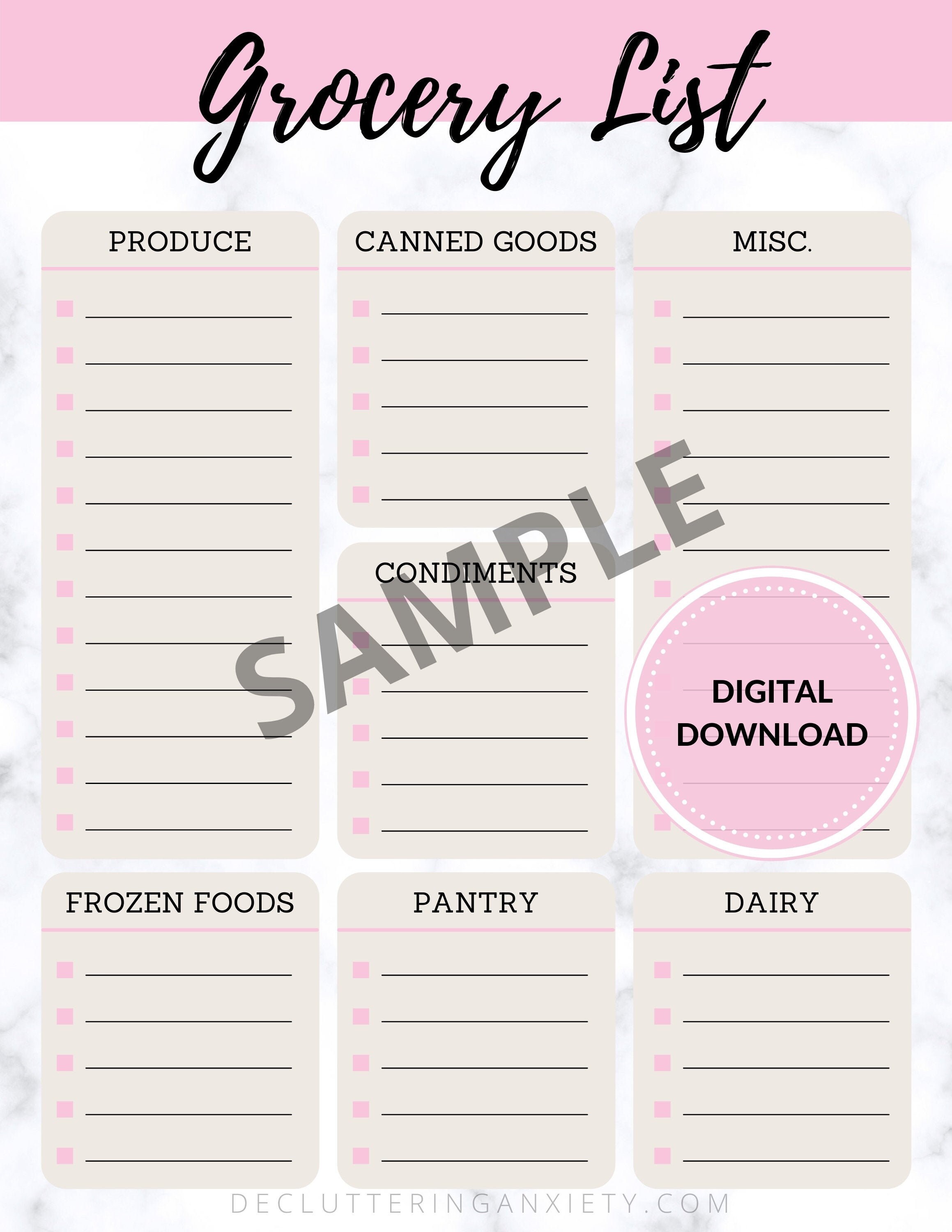printable template downloadable pdf grocery list etsy