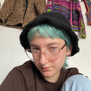 Handmade Crochet Bucket Hat In Fluffy Black