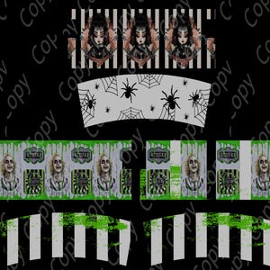 Puede incluir: Un diseño temático de Halloween con ilustraciones de un personaje con cabello a rayas blanco y negro, una mujer con cabello oscuro y telarañas. El diseño incluye el texto "Beetlejuice" y está sobre un fondo negro.