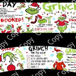 Puede incluir: Una taza de cerámica blanca con un diseño verde del Grinch. La taza presenta varias frases con temática del Grinch, que incluyen "My Day", "I'm Booked", "Resting Grinch", "Joy to the World", "Drink Up Grinches", "I Just Took a DNA Test", "Turns Out I'm 100% That Grinch", "Stank Stunk", "Grinch To Do List", y "Maybe Christmas...The Grinch Thought".