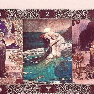 Puede incluir: Un conjunto de diez cartas de tarot con ilustraciones coloridas y detalles intrincados. Las cartas están numeradas 7, XII, 10, 2, 6, VIII y LIII. Las cartas son parte de una baraja más grande.
