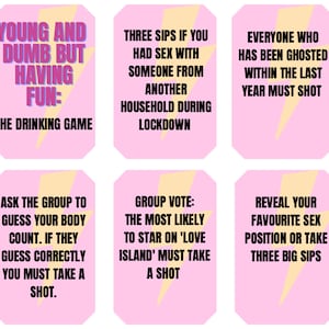 May include: Six pink cards with black text and yellow lightning bolt graphics. The cards feature prompts for a drinking game, including "Young and Dumb But Having Fun: The Drinking Game" and other humorous instructions.