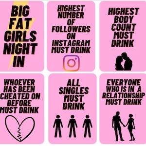 Może przedstawiać: Różowe karty z czarnym tekstem i grafiką. Karty wyświetlają frazy takie jak „Big Fat Girls Night In”, „Highest Number of Followers on Instagram Must Drink” i „Highest Body Count Must Drink”. Inne karty zawierają podpowiedzi związane z relacjami.