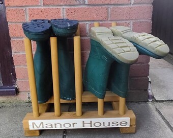 Personalised Wax welly Wellington boot stand, wooden stand ,shoe storage, wellies rack , outdoor log cabin shoe organiser, entryway cabinet