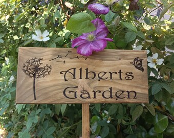 Personalised wooden garden signs plaque with a 25cm ground stake attached allotment shed street sign