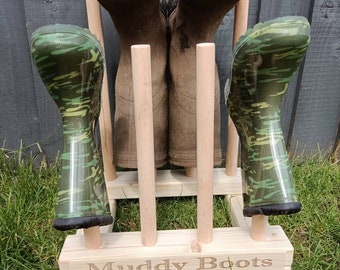 4 pairs WAXED PERSONALISED Engraved Wellington boot wooden stand storage wellies rack welly porch furniture shoes organiser entryway holder