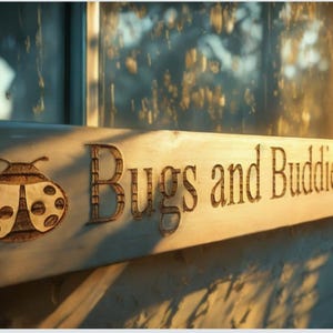 May include: A wooden sign with the text "Bugs and Buddies Hotel" carved into it. A ladybug is carved to the left of the text.