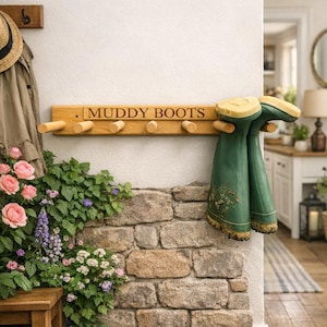 PERSONALISED Welly wellington wellies wooden rack boot holder wall mounted shoe storage organiser garden tool storage entryway furniture