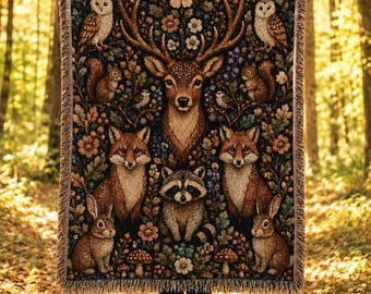 Woodland Animals Woven Blanket: Forest Creatures, Cottagecore Throw, Nature Lover Gift, Baby Shower Present